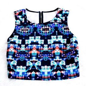 Bright Patterned Sleeveless Zip Up Crop Top